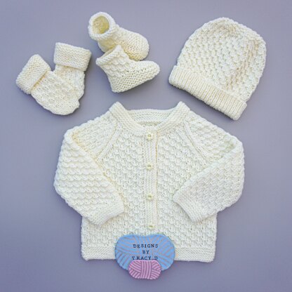 Ceri Unisex baby knitting pattern cardigan, hat, mitts and booties 0-6mths 18" chest
