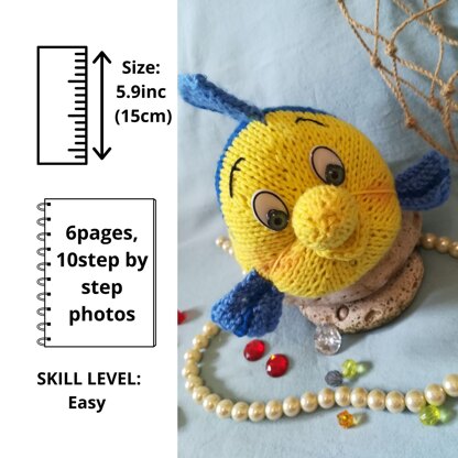 Knitting pattern for the Flounder toy, soft toy fish based on the Little Mermaid