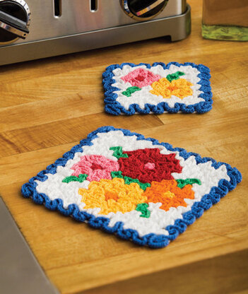 May Flowers Hot Pad & Coaster Set in Aunt Lydia's Classic Crochet Thread Size 10 Shaded and 10 Natural - LC2188