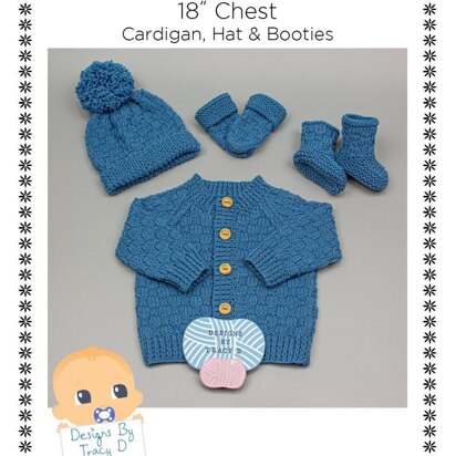 Tommy cardigan hats, booties & mitts baby knitting pattern