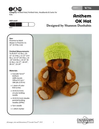 OK Hat in Cascade Yarns Anthem - W756 - Downloadable PDF