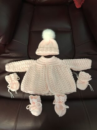 Baby girl hat, coat, mittens and booties