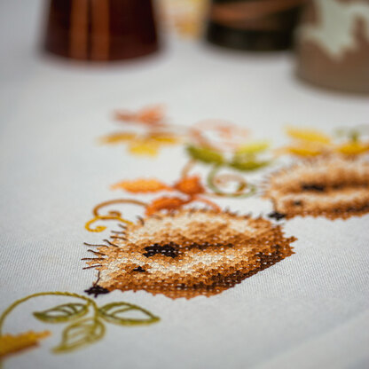 Vervaco Hedgehogs And Autumn Leaves Tablecloth Printed Embroidery Kit - 80 x 80 cm