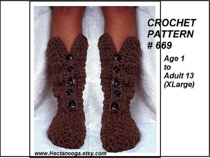 669 BUTTON Front crochet boot slippers, age 1 to adult