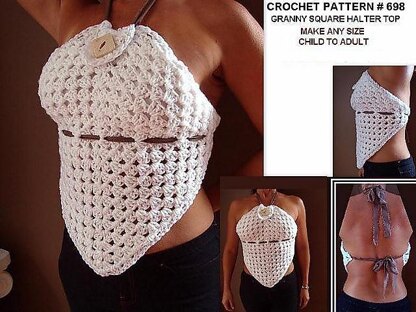 698 GRANNY SQUARE SUMMER HALTER TOP, any size