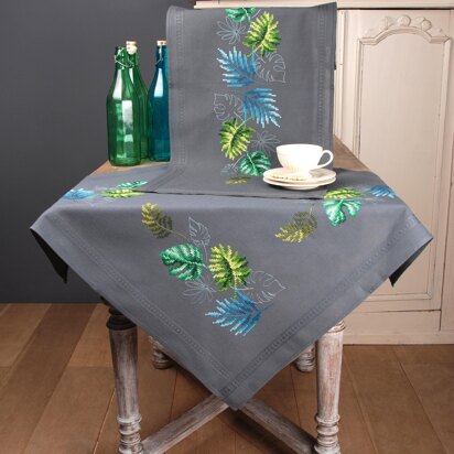 Vervaco Botanical Leaves Tablecloth Printed Embroidery Kit - 80 x 80 cm