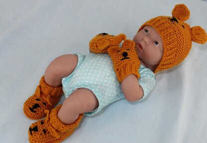 New Baby Teddy Bear Booties, Beanie & Mittens