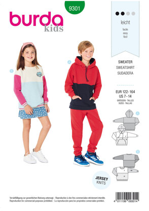 Burda Style Children's Sweater – Hoodie – Hooded Top 9301 - Paper Pattern, Size 7-14