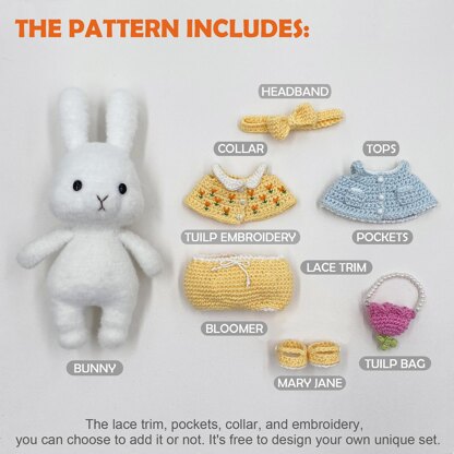 Dress-up Bunny Amigurumi Tulip Outfit set crochet pattern # DUBA-01.02 | cute rabbit crochet toy, crochet plushie, removable clothes doll
