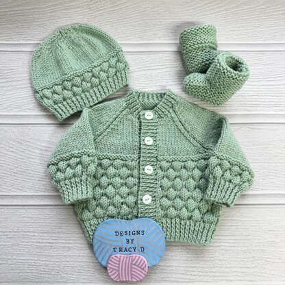 Annabeth Cardigan, Hat & Booties, 16-20 inch chest 0-12mths