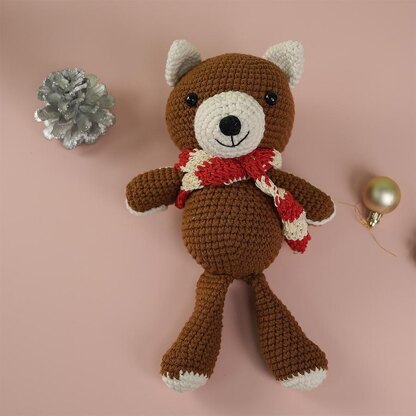 Brown Teddy Bear Wearing Red & White Christmas Scarf Plush Toy Crochet Pattern