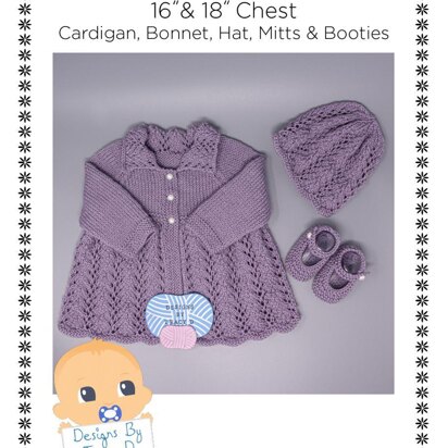 Lowri baby matinee, hat, shoes booties and mitts 16" and 18" chest