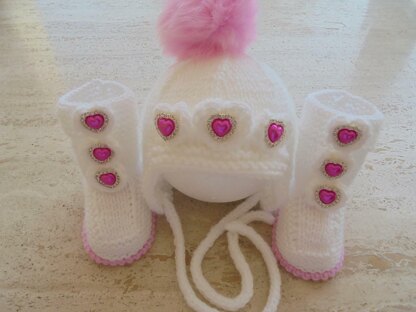 Baby Girl Heart Hat And Booties