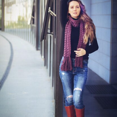 Aubergine crochet scarf with fringe