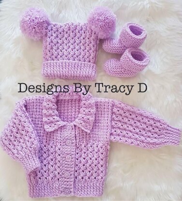 Skye baby knitting pattern, 0-6mths Cardy, hat and booties