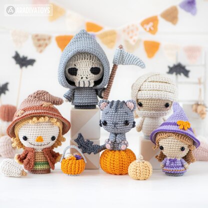 Halloween Minis set 3 from “AradiyaToys Minis” collection / crochet patterns (Amigurumi tutorial PDF file) witch scarecrow grim reaper crochet pattern amigurumi black cat mummy tutorial halloween crochet pattern by AradiyaToys (Olka Novytska)