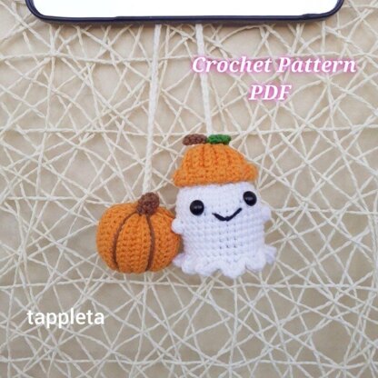 Ghost and Pumpkin car hanger crochet pattern, Halloween car accessories, crochet Ghost with pumpkin hat, Fall car decor, Halloween crochet