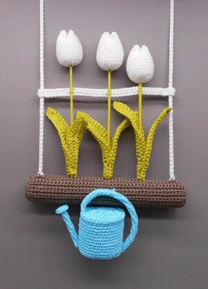 Tulips & watering cans hanging decoration - simple from scraps of yarn