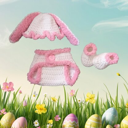 Newborn Bunny Easter Crochet Pattern Set PDF – 3 Month Baby Diaper Outfit Pattern
