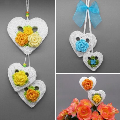 Heart hanging decoration & flower pot stick - easy from scraps of yarn