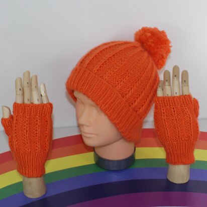 Toddler & Child Aran Fishermans Rib Bobble Beanie & Gloves CIRCULAR - knitting pattern