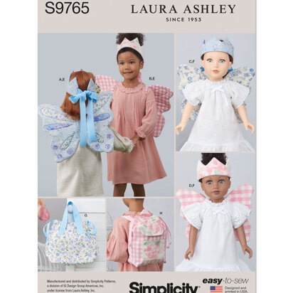 Simplicity Children's Wings in Sizes S-M-L, Crown, Tote, Backpack and Wings and Crown for Doll or Plush Animals by Laura Ashley S9765 - Sewing Pattern