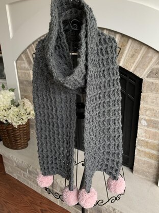 Waffle Scarf with Poms