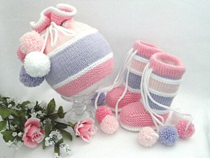 Knitting PATTERN Baby Hat Baby Booties Baby Set with Pompoms