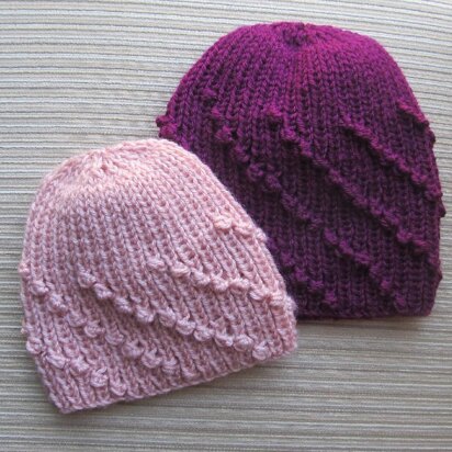 Hat in Diagonal Bobbles Rib in Sizes 9-12 Months and Adult - knitting pattern
