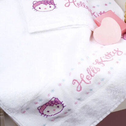 Vervaco Sponge Towel Kit Hello Kitty In The Bathroom Set 2 Cross Stitch Kit - 30cm x 50cm (12in x 20in)