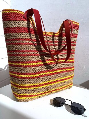 Crochet Raffia Beach Bag Pattern, Striped Tote with Leather Handles