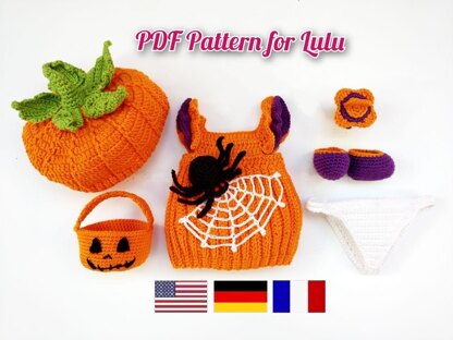 Halloween crochet doll clothes pattern, Amigurumi outfit crochet pattern for Lulu, Crochet doll outfit 12,6 inch/32 cm (English, Deutsch, Français)
