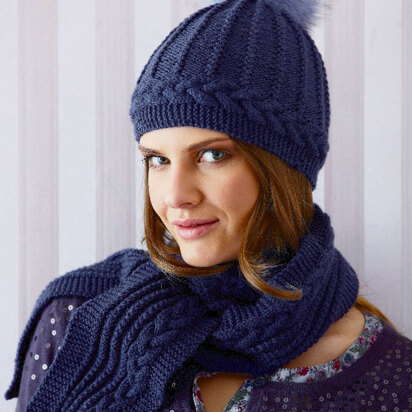 Cable Scarf and Hat with Fur Pompom in Schachenmayr Universa - S7548 - Downloadable PDF