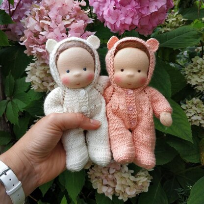 Knitted hooded jumpsuit for 7"/18 cm doll