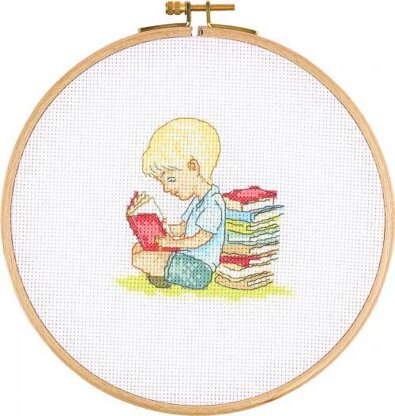 Creative World of Crafts Bookworm Boy Cross Stitch Kit - 26cm Diameter