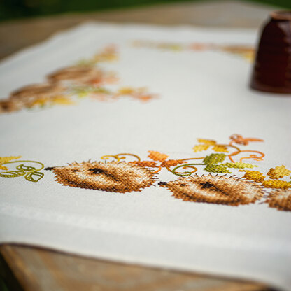 Vervaco Hedgehogs And Autumn Leaves Tablecloth Embroidery Kit - 80 x 80 cm