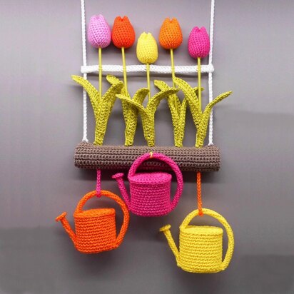 Tulips & watering cans hanging decoration - simple from scraps of yarn