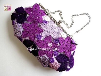 Evening bag purple with Irish crochet lace pattern