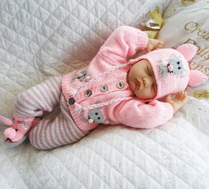 Baby Doll Knitting pattern, Mouse motif, Cardigan, Leggings, Hat & Boots, 0-3 Month Baby, 17-22 inch Doll