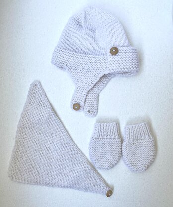 Pattern: knitted baby set - aviator hat, mittens and bandana scarf