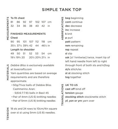 Simple Tank Top - Knitting Pattern for Women in Debbie Bliss Cashmerio Aran by Debbie Bliss - Downloadable PDF
