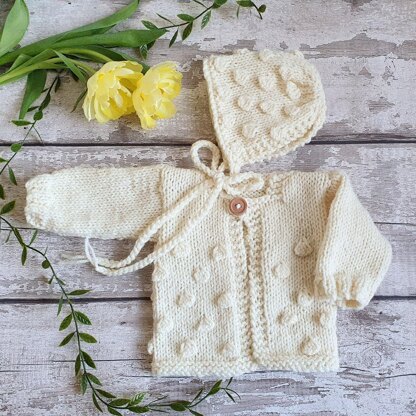 Baby Bobble Cardigan and Bonnet Set in Aran knit