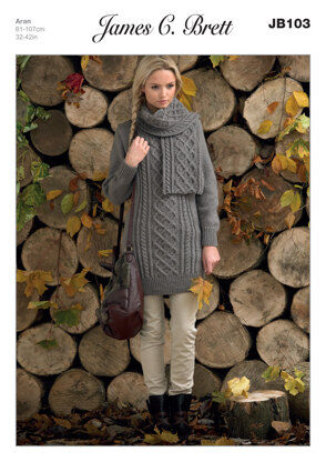 Long Sweater and Scarf in James C. Brett Rustic with Wool Aran - JB103