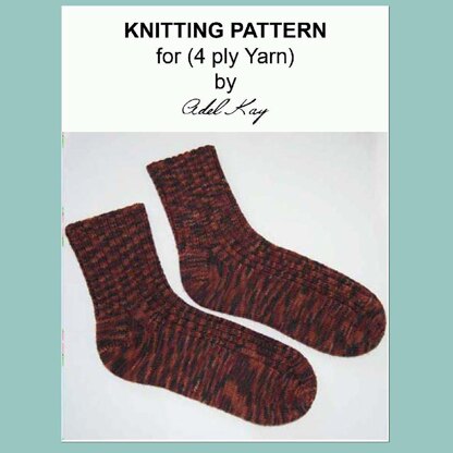Ailene Ladies 4ply Sock Yarn Ankle or Long Length Ribbed Socks Worked Circularly Top Cuff Down on dpn Double Pointed Needles in One Piece in the Round by Adel Kay