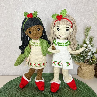 Crochet doll pattern, amigurumi doll with clothes, elf boots, doll outfit, doll dress, doll bag, Christmas Girl