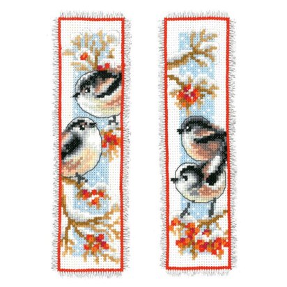 Vervaco Long-tailed Tits & Red Berry Bookmark Cross Stitch Kit (2 pcs) - 6cm x 20cm
