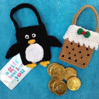 Penguin and Christmas Pudding Gift Bags - knitting pattern
