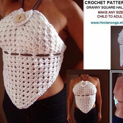 698 GRANNY SQUARE SUMMER HALTER TOP, any size