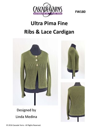 Ribs & Lace Cardigan in Cascade Yarns Ultra Pima Fine - FW180 - Downloadable PDF