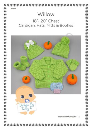 Willow baby cardigan, hats, booties & mitts